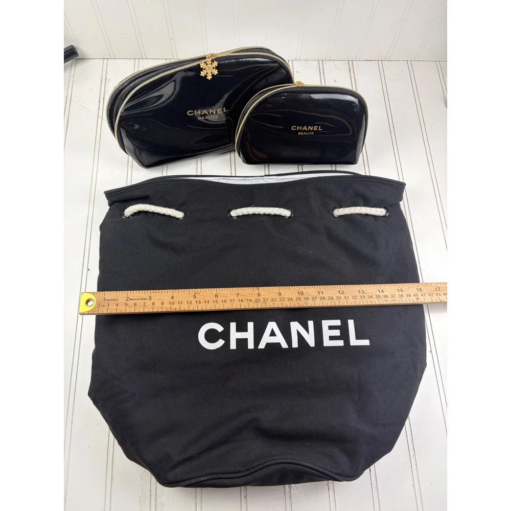 Chanel CC Logo Vintage Canvas Drawstring Bucket Bag Backpack & Two Cosmetic Bags